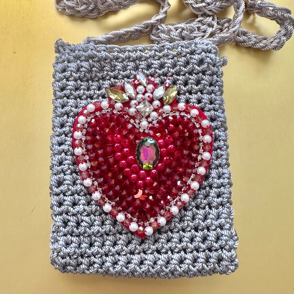 Hand Knits 2 Love Crochet Bag Big Red Beaded Heart Designer Crossbody Feminine